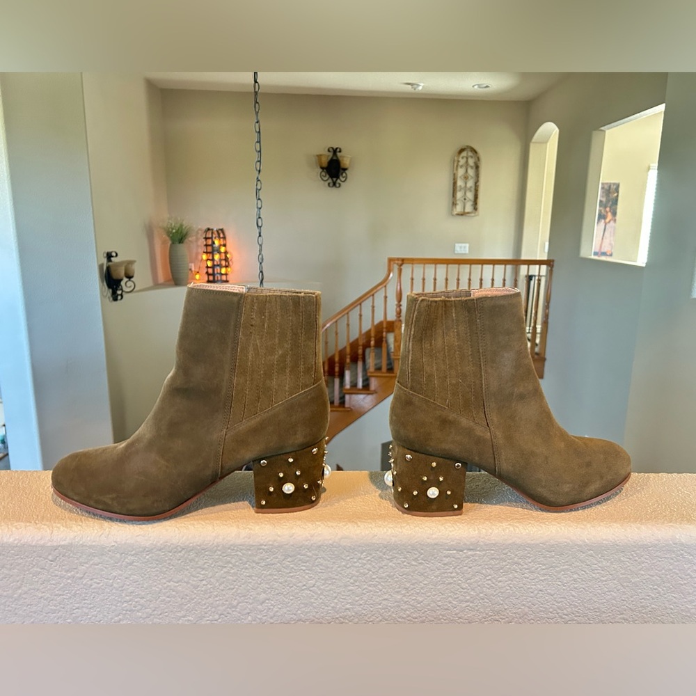 Anthropologie Brown Suede Boots with gemstone heels, EUC, size 10